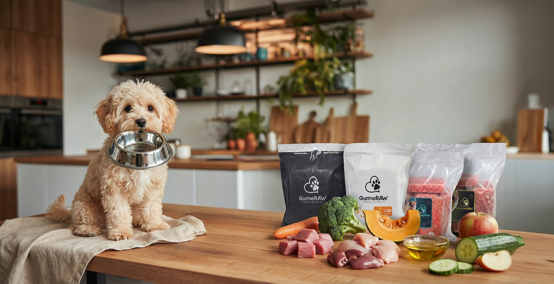 Ağzında mama kabı tutan köpek ve GurmeRaw ürünleri